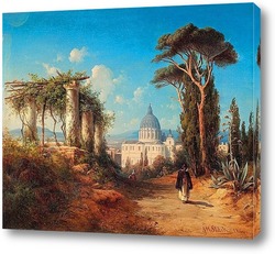   Постер Прогулка фигуры на окраине Рима с базиликой Святого Петра на зад
