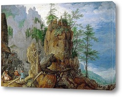   Постер Горный пейзаж с лесорубами