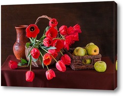   Постер Красные тюльпаны и зелёные яблоки