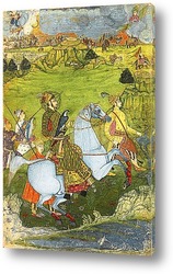   Постер Принц держит сокола и скачет галопом через скалистый пейзаж, Декан, Голконда