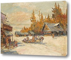   Картина Зимняя сцена с тройкой, зимой катание на санях