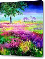   Картина Лошадки на цветущем лугу