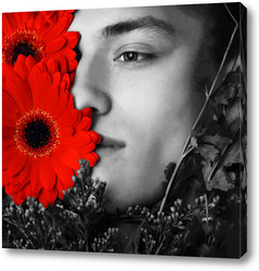   Постер Молодой красивый мужчина и красные цветы
