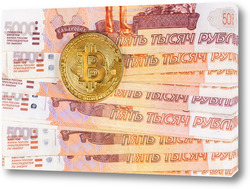    Bitcoin coins on Russian banknotes	