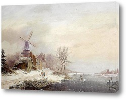   Картина Зимний пейзаж, мельница