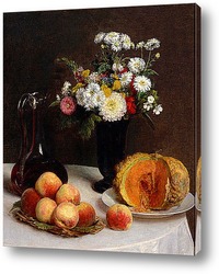   Постер Натюрморт с графином, цветы и плоды