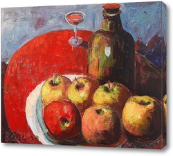   Картина Яблоки, вино и красная скатерть
