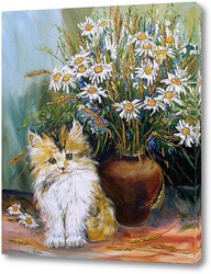   Картина Котёнок с букетом ромашек