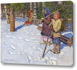   Постер Дети в зимнем лесу