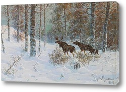   Картина Зимний пейзаж с семьей лосей