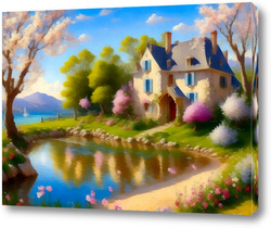   Постер Дом у озера в летний день на фоне гор