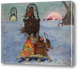   Картина Зимний пейзаж с санями