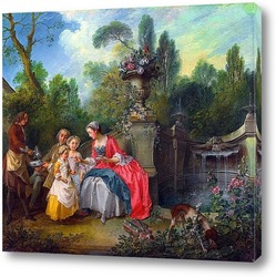  Картина Дама в саду,взявщая кофе,разговаривает с детьми