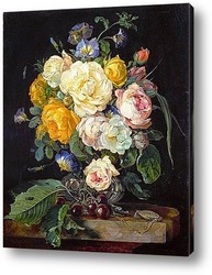   Постер Натюрморт с букетом цветов, вишнями и часами (1655-1565) (Вена, 