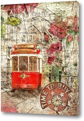   Постер ретро трамвай и цветы