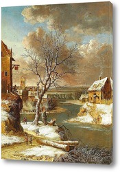   Постер Зимний пейзаж с фигуристами на замерзшей реке