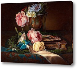   Картина Натюрморт с розами, обручальное кольцо и серебряный кубок.