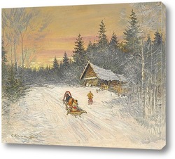   Постер Русская деревня под снегом