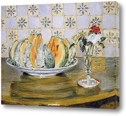   Постер Натюрморт с дыней и вазой с цветами