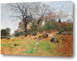   Постер Осенний пейзаж с девушкой пастбища и скот
