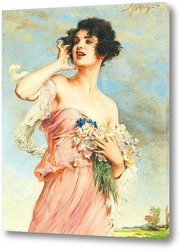   Постер Молодая красавица с букетом цветов
