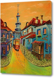   Картина Триптих.  Городок. Красный трамвай.