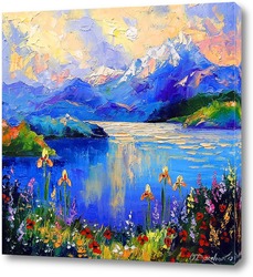   Картина Цветы на берегу горного озера