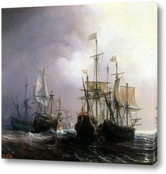   Постер Захват трех голландских торговых суден французскими кораблями