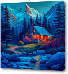  Постер Маленький домик в горах рядом с горной речкой. Первые лучи рассвета. 