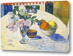   Постер Цветы и ваза с фруктами на столе