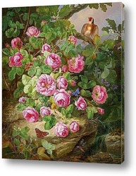   Постер Большие розы.Натюрморт с бабочками и птицами
