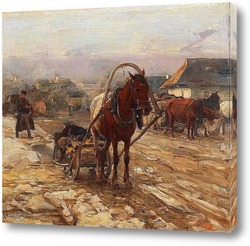   Картина Лошадь и повозка на деревенской улице
