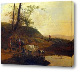   Постер Мужчины со стадом у водоёма