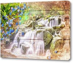   Постер Водопад и синие цветы