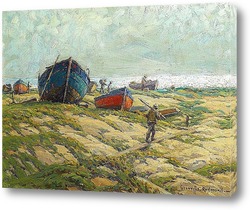   Постер Рыбаки и рыбацкие лодки на берегу