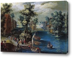   Постер Речной пейзаж с лодками