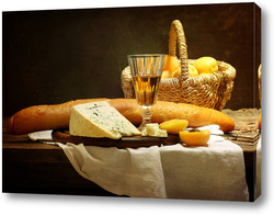   Постер Натюрморт с белым вином,сыром и абрикосами