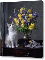   Постер Букет ирисов и любопытная кошка
