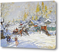   Постер Солнечный зимний пейзаж с тройкой лошадей