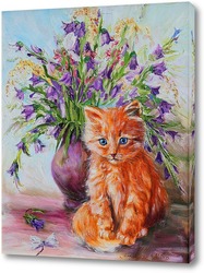   Постер Рыжий котенок и букет колокольчиков