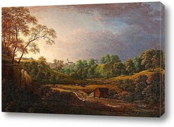   Постер Обширный пейзаж с водопадом, домашним скотом и церковью в фоново