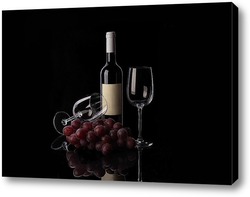   Постер Бутылка красного вина, виноград и бокалы на черном фоне
