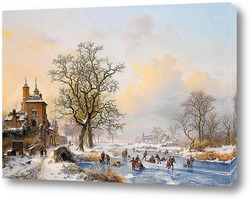   Постер Зимний пейзаж с фигуристами в замке