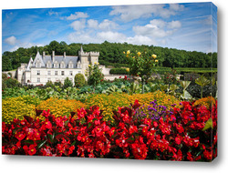  Замок Юссе, долина Луары, Франция летним солнечным днем на фоне цветущих красных георгинов
