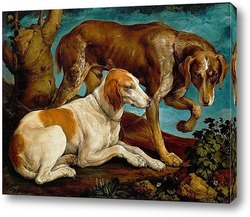   Постер Две охотничьи собаки, привязанные ко пню