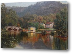   Картина Озеро.Пейзаж с мостом