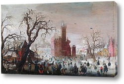   Постер Зимний пейзаж с конькобежцами и мнимым замком