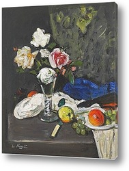   Картина Натюрморт с фруктами и розами в бокале