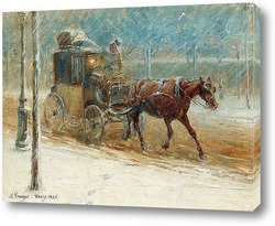   Картина Зимний пейзаж с бульваром и запряженной лошадью