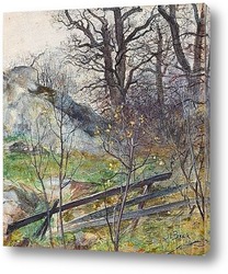   Картина Лес сцена с забором